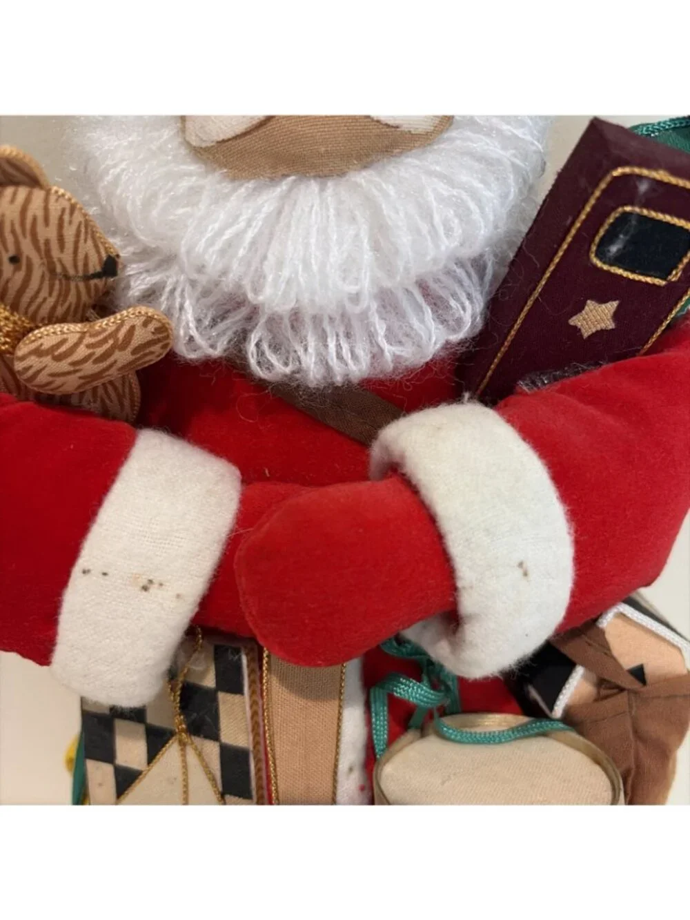 International Christmas Santa Claus Figure Holding Toys Painted Face Hanging 90s